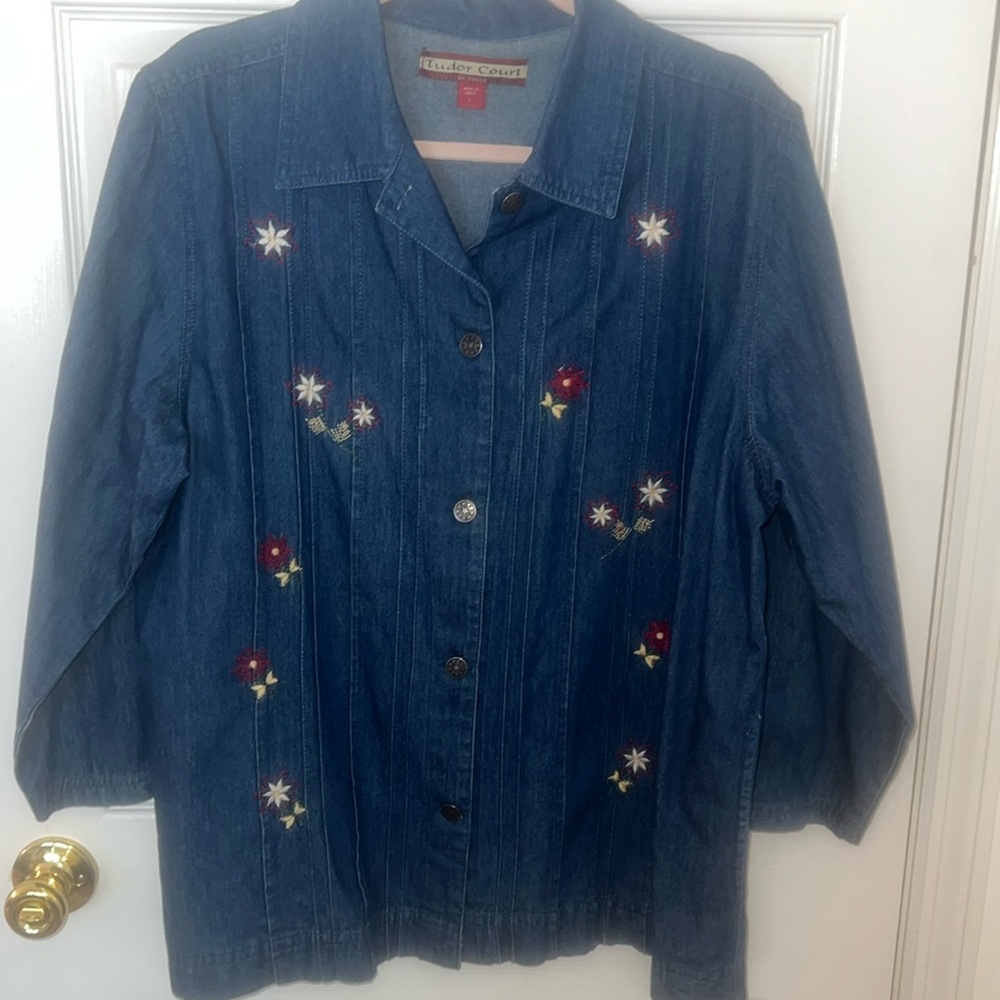 Tudor Court by Haband Embroidered Floral Demin Jacket Size Large VTG, Great!